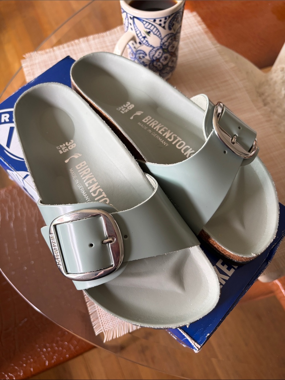 Birkenstock Madrid Single Strap Slides in  Seafoam Green with Silver Buckles